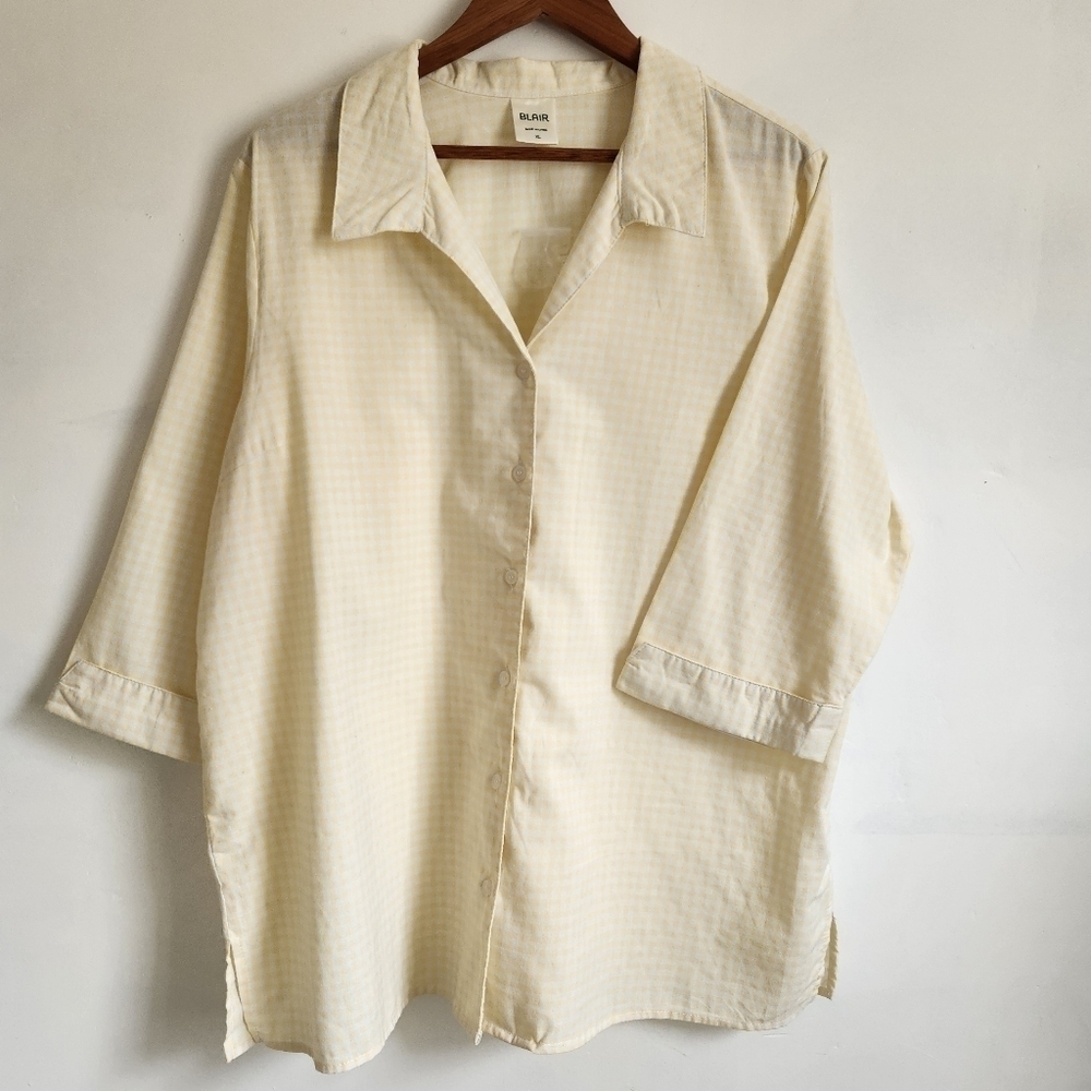 Button down shirt Gingham Collared V-neck Cotton blend yellow white BLAIR NWOT